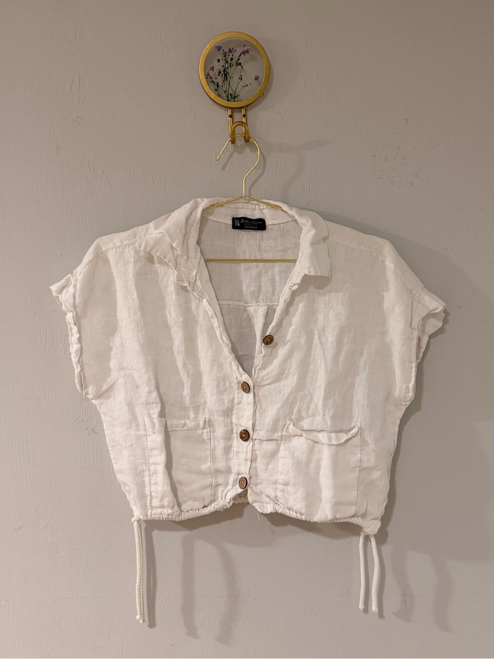 Bella Amore White Linen Button-Front Drawstring Crop Shirt